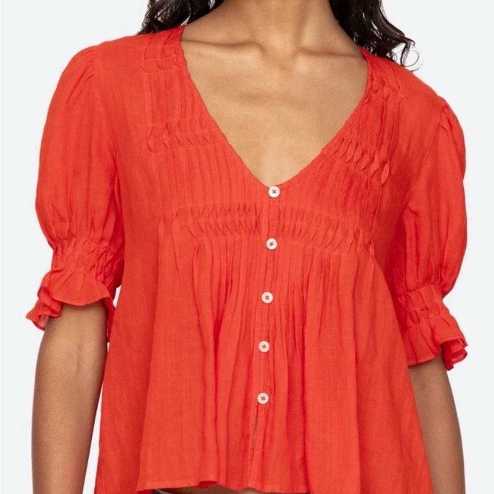 Sea New York Coral/Chili Red Button-Front Pintuck Peasant Blouse